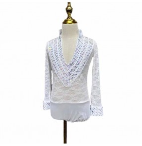 Boys white lace rhinestones competition latin dance shirts for kids children juvenile junior waltz tango flamenco dancing leotard tops